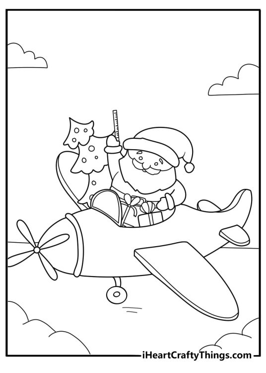 Santa Claus coloring sheet measuring a toy airplane with a ruler