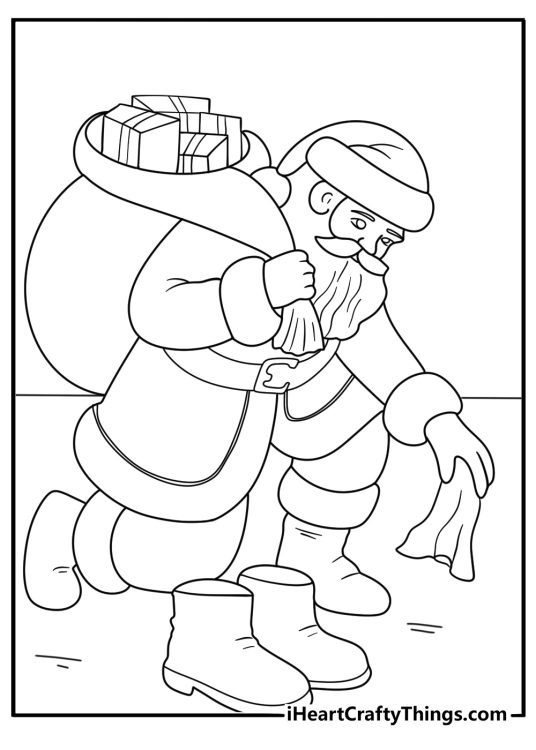 Santa Claus coloring sheet polishing his black boots easy to color