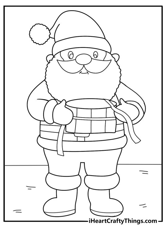 Santa Claus coloring sheet tying a ribbon on a small drum