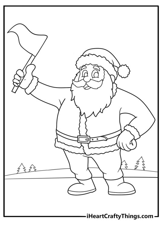 Santa Claus printable coloring page practicing sleigh signals with flags