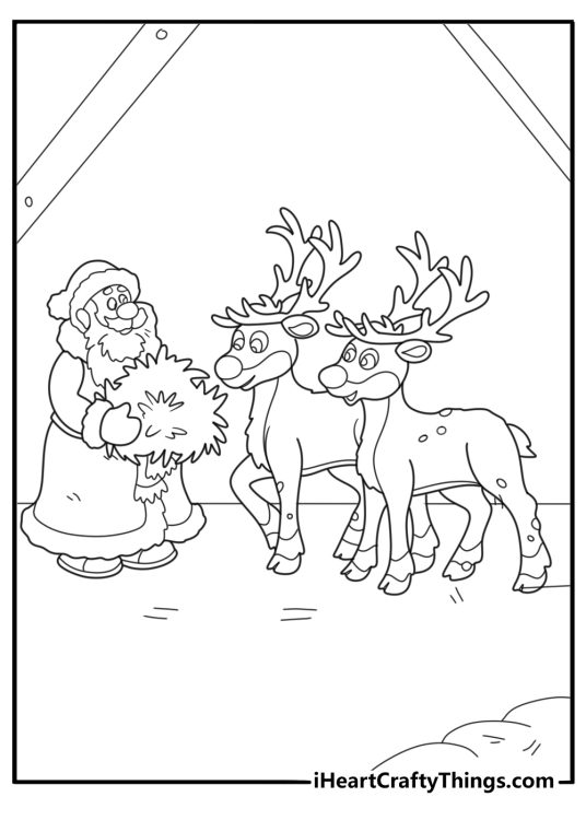 Santa Claus printable coloring sheet feeding a reindeer in the stable