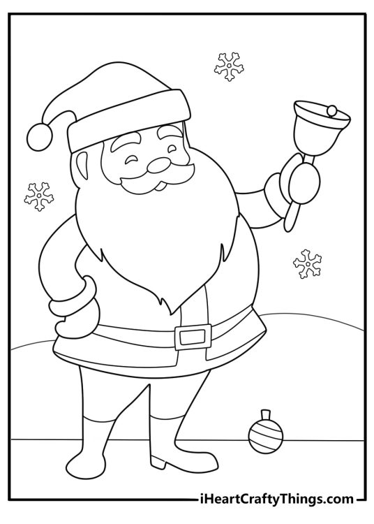 Santa coloring page arranging snowflake ornaments on a work shelf