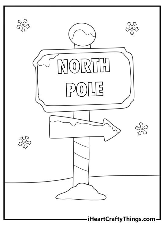 Santa coloring page free printable pdf with North Pole sign and snowflakes