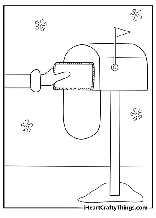 Santa coloring page placing letters into a big red mailbox