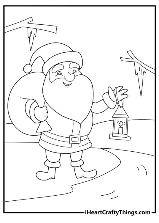 Santa coloring sheet holding a lantern by a frozen river path