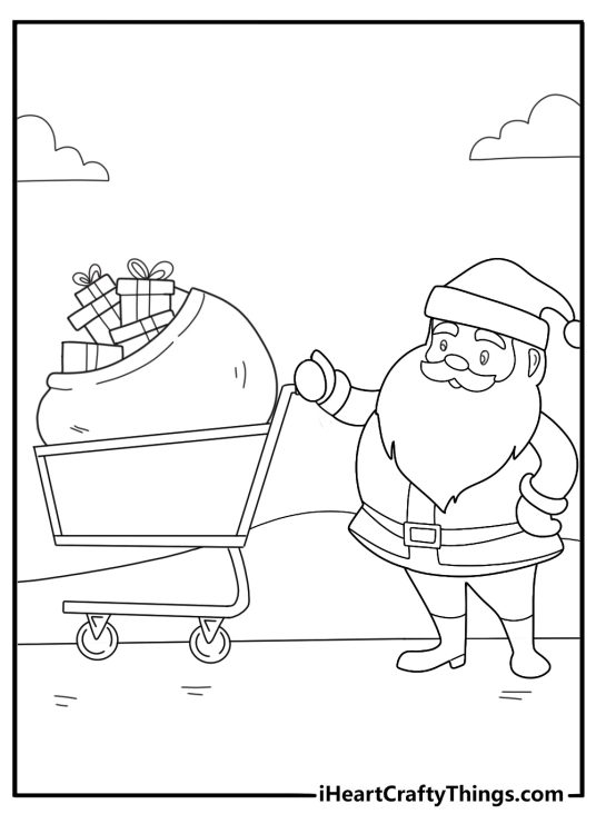 Santa coloring sheet pushing a cart full of wrapped surprises