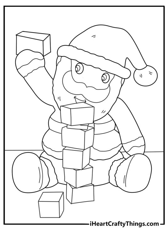 Santa coloring sheet stacking toy blocks into a neat tower