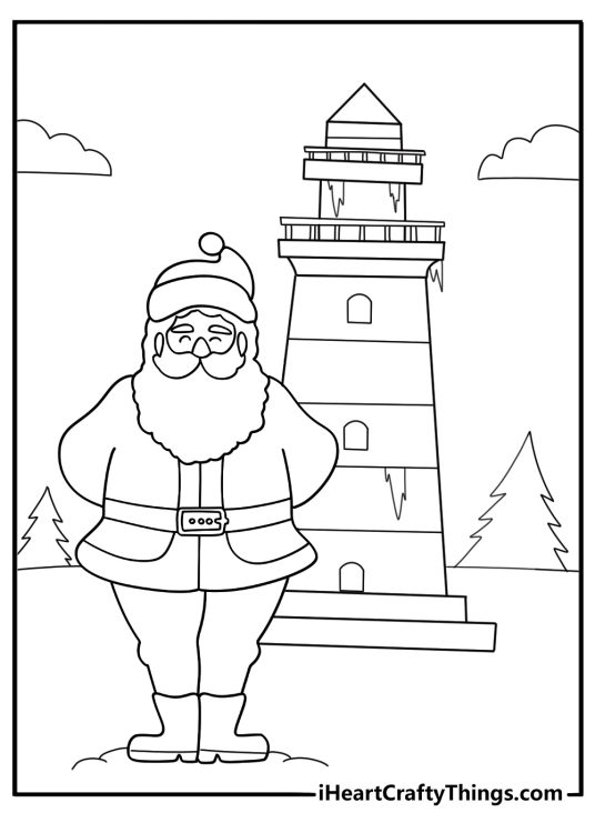 Santa pdf coloring page standing by an icy lighthouse at night