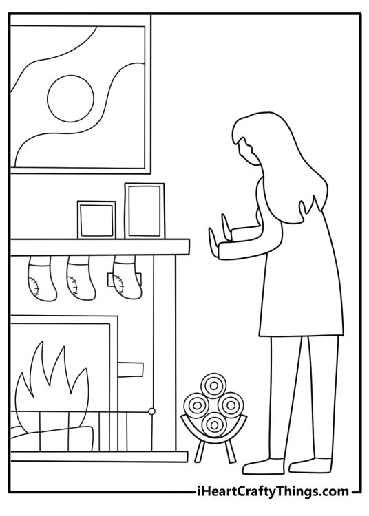 Santa pdf coloring page warming hands by a fireplace with stockings