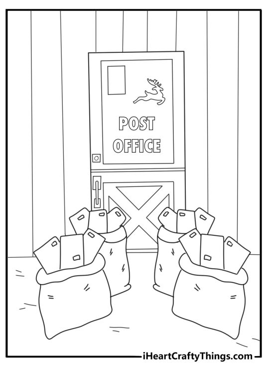 Santa pdf coloring sheet sorting letters at the North Pole mailroom