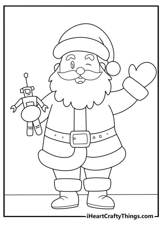 Santa pdf coloring sheet testing a toy robot with blinking eyes