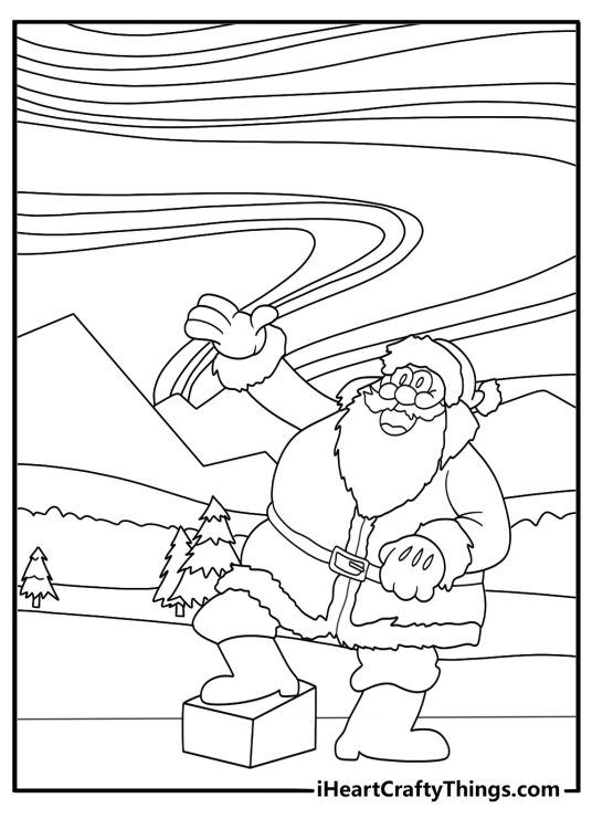 Santa pdf coloring sheet watching aurora lights above the North Pole