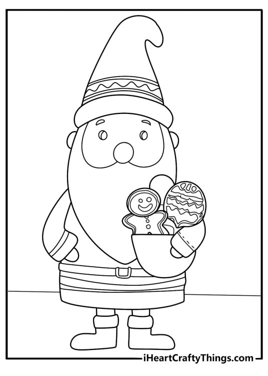 Santa printable coloring page carrying a basket of gingerbread cookies