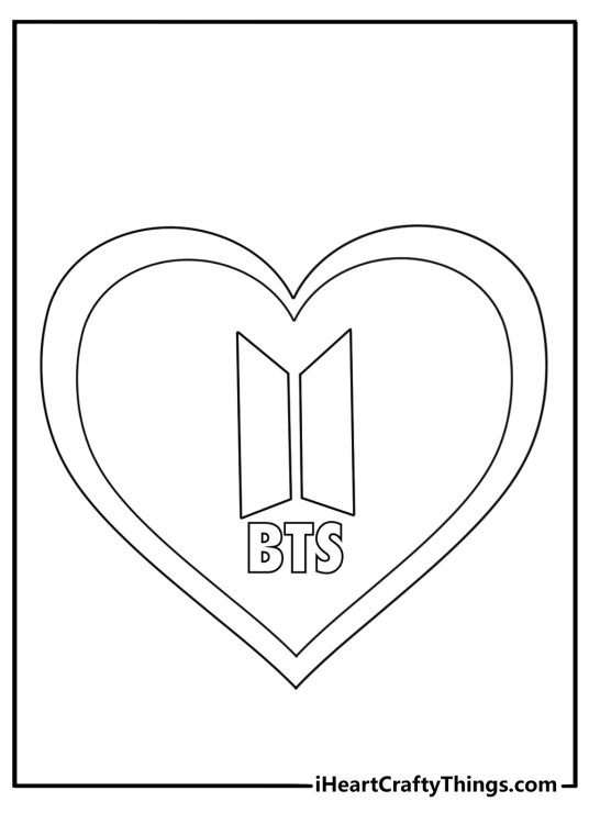 Simple BTS coloring page featuring the BTS logo inside a heart frame