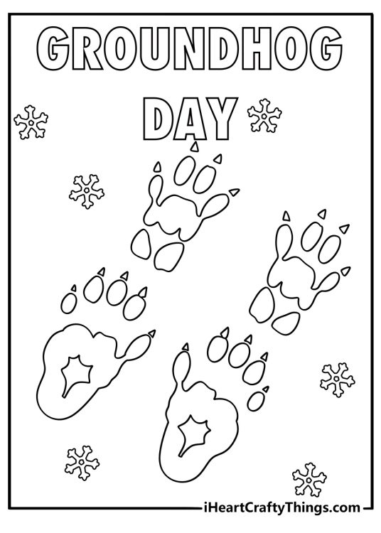 Simple Groundhog Day coloring page featuring a groundhog paw print in snow