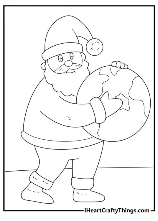 Simple Santa printable coloring page holding a globe to plan his route