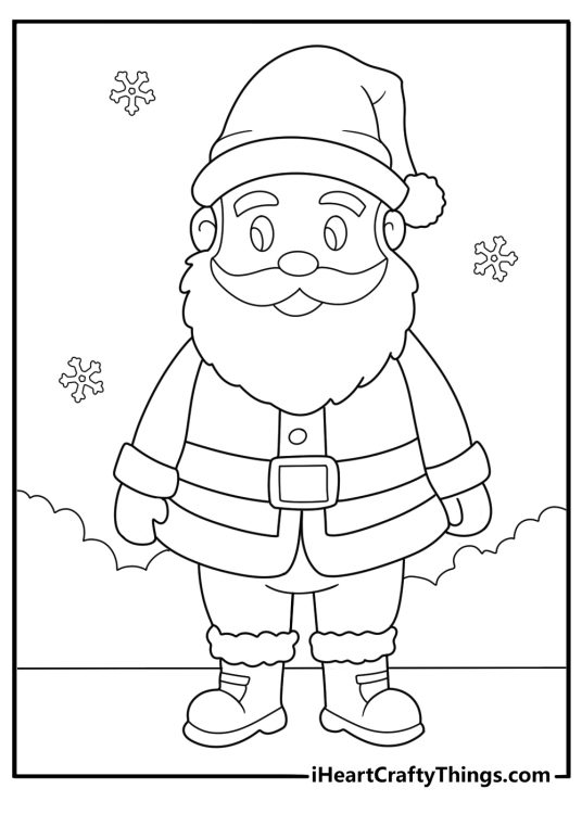 Simple Santa printable coloring page wearing mittens and fluffy coat