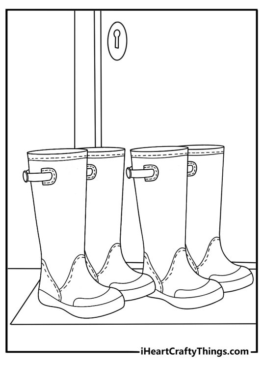 Simple coloring sheet of rain boots lined up by a door