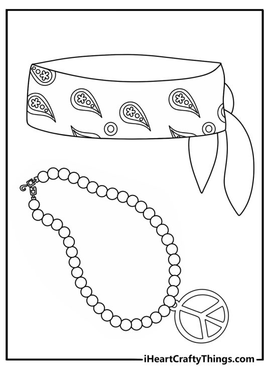 Simple flower power coloring page featuring a headband and bead necklace