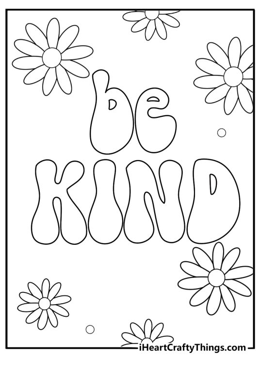 Simple hippie coloring page featuring groovy letters that say be kind