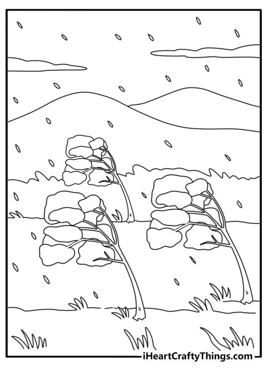 Simple rain cloud coloring page with wind blowing across hills