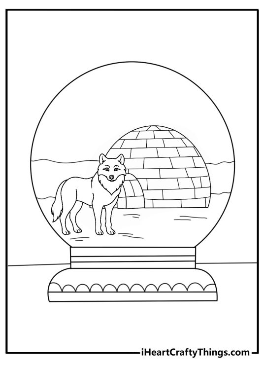 Simple snow globe printable showing arctic fox near igloo
