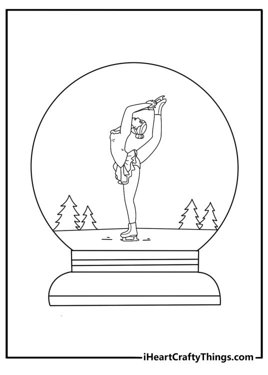 Snow Globe coloring page with ice skater spinning on frozen pond