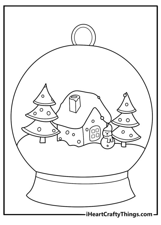 Snowglobe style Christmas ornament coloring page with tiny winter village a small house and crescent moon pdf