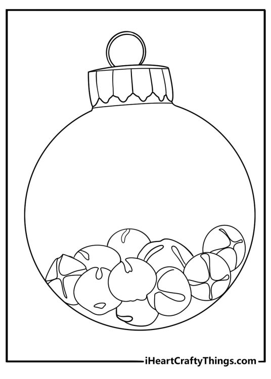 Transparent glass Christmas ornament coloring page filled with tiny jingle bells fun printable for kids