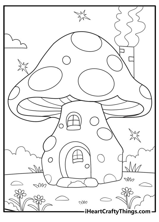 Whimsical mushroom house with windows and chimney fantasy style coloring sheet
