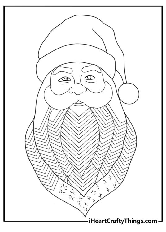 Zentangle style Santa coloring page for adults with ornate hat pattern
