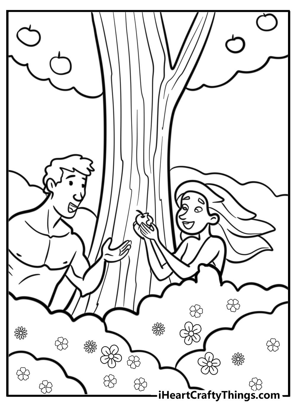 Adam and eve by a stream in eden detailed coloring sheet