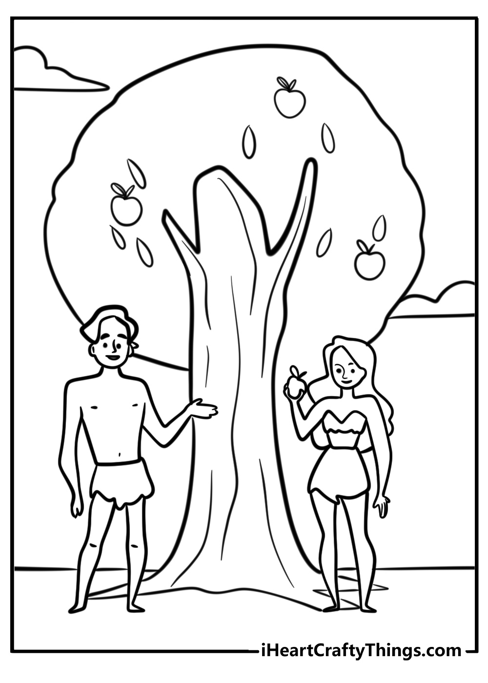 Adam and eve by the tree of knowledge detailed coloring sheet