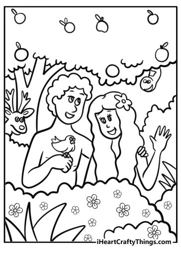 Adam and eve enjoying the beauty of the garden detailed coloring sheet