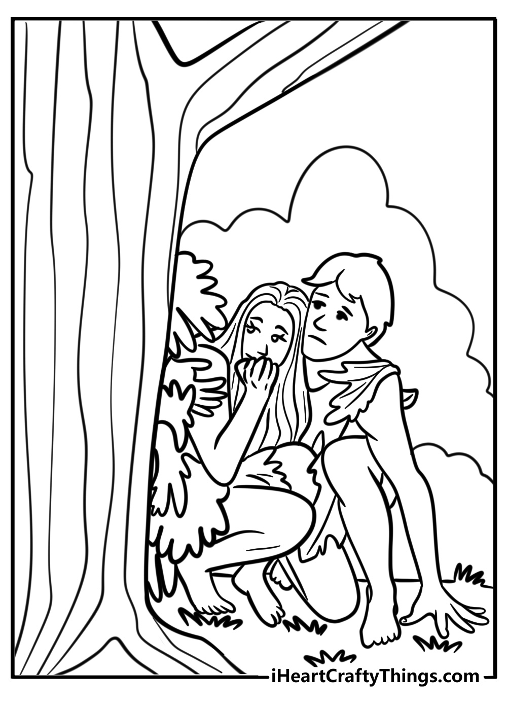 Adam and eve hiding among the trees fun coloring sheet