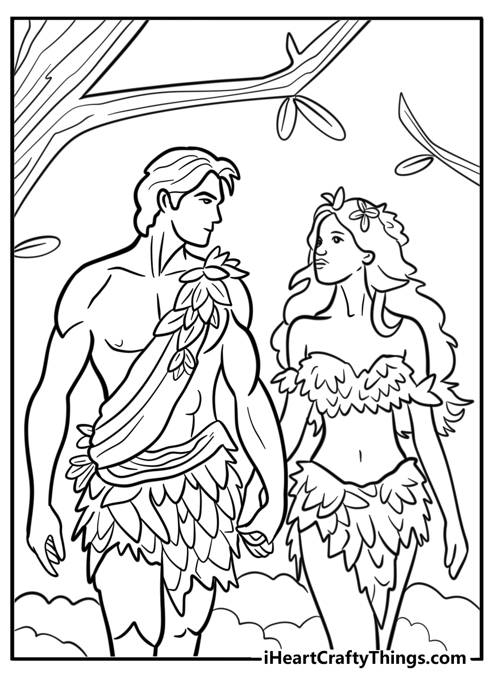 Adam and eve holding hands in the garden detailed coloring sheet