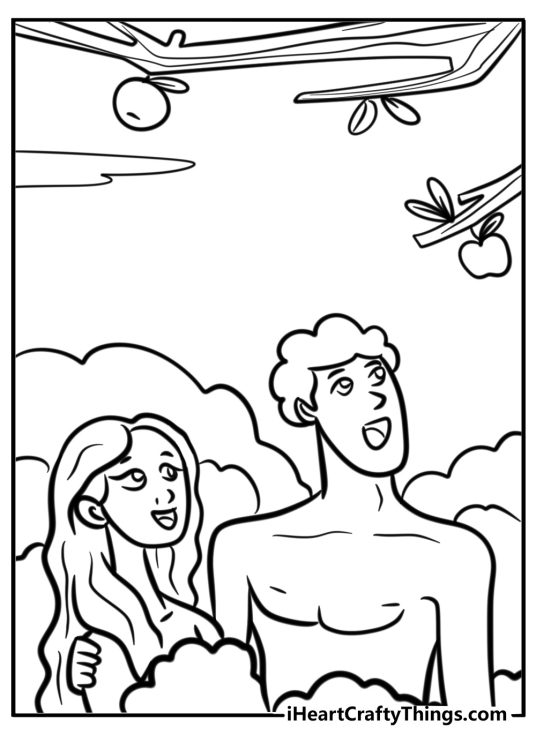 Adam and eve looking at the forbidden fruit fun coloring sheet
