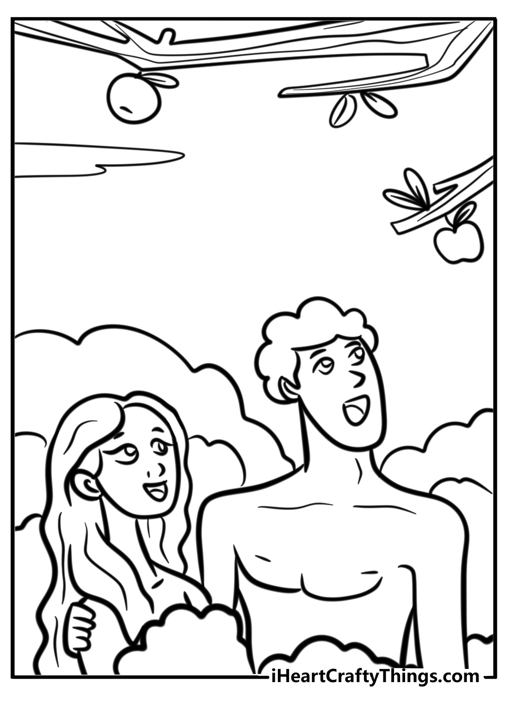 Adam and eve looking at the forbidden fruit fun coloring sheet