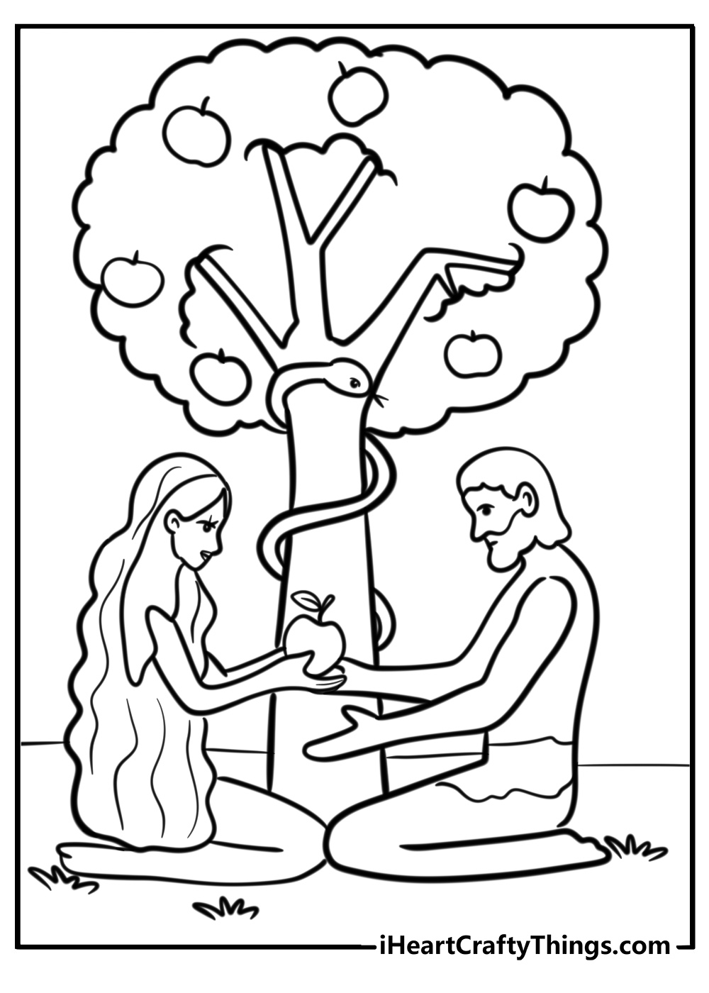 Adam and eve sitting under a tree detailed coloring sheet