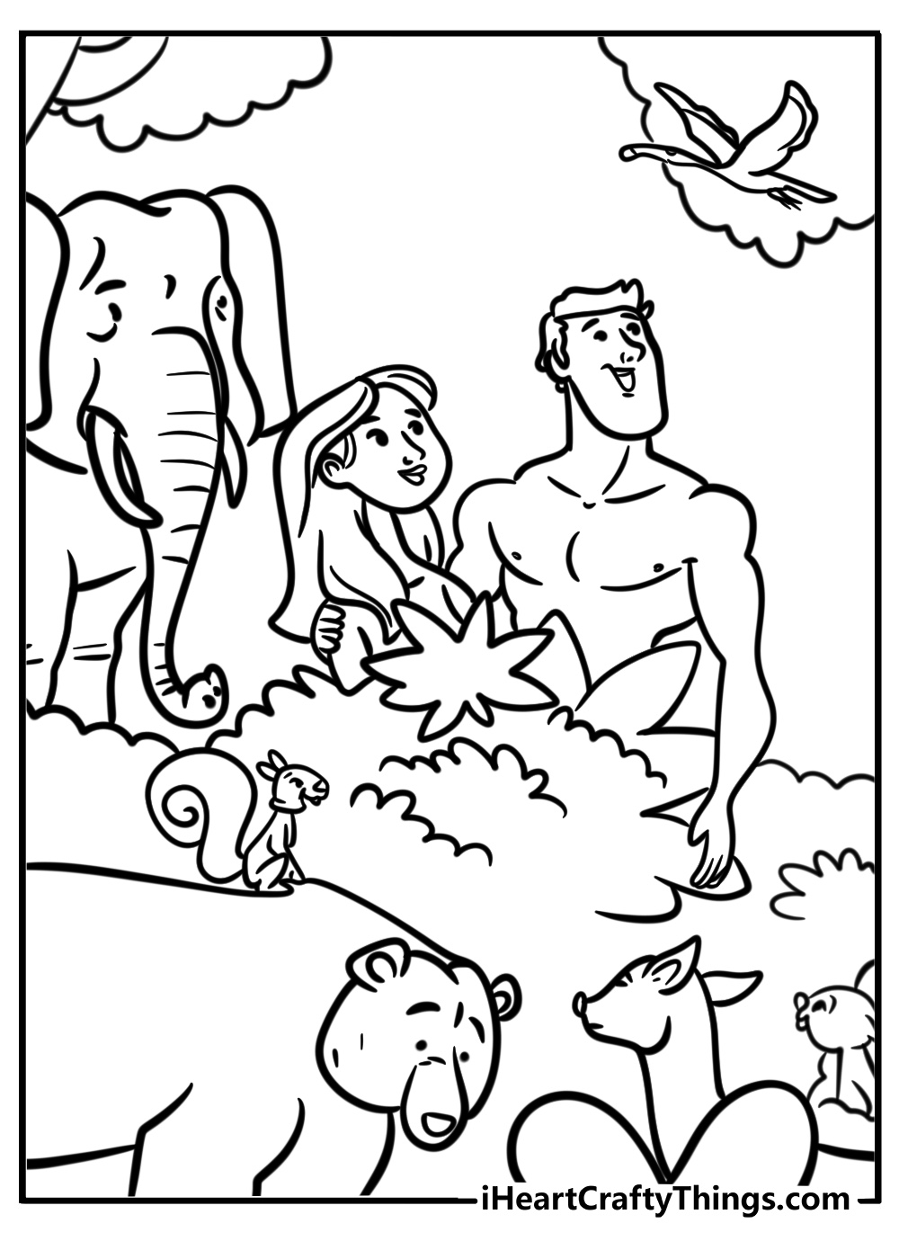 Adam and eve surrounded by animals free coloring page pdf