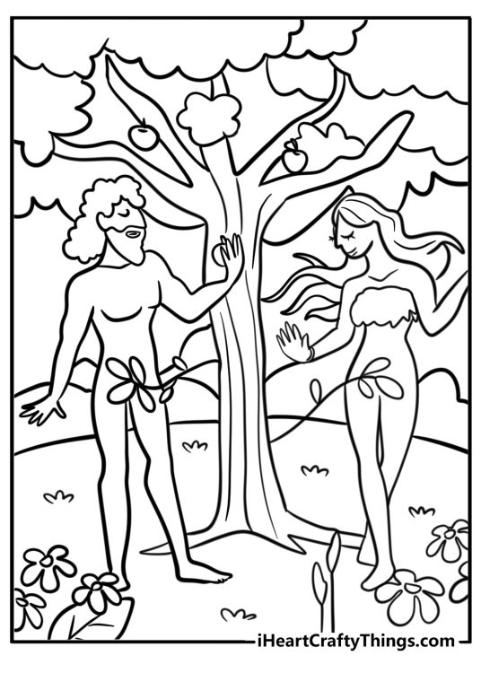 Adam and eve under the tree of knowledge fun coloring sheet