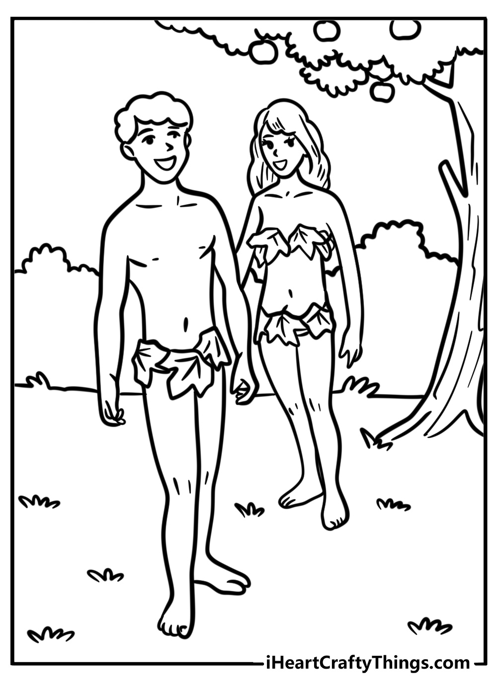 Adam and eve walking in the garden detailed coloring sheet