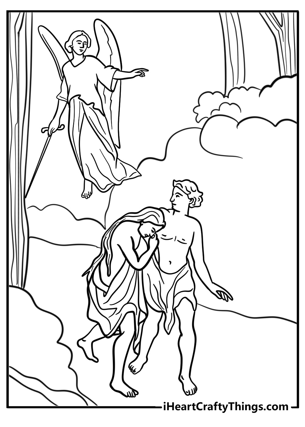 Adam and eve with the angel guarding eden fun printable coloring sheet