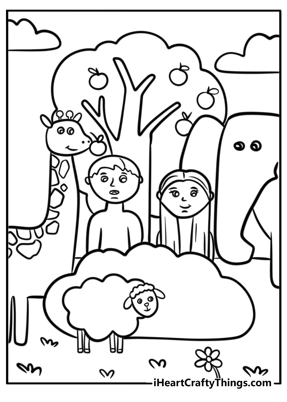 Adam and eve with the animals in eden fun printable coloring sheet