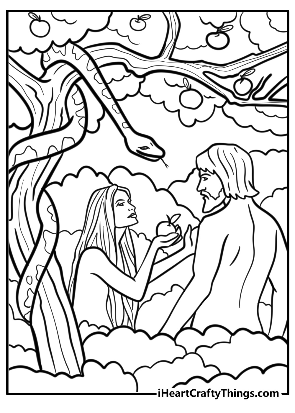 Adam and eve with the serpent coiled around the tree free coloring page