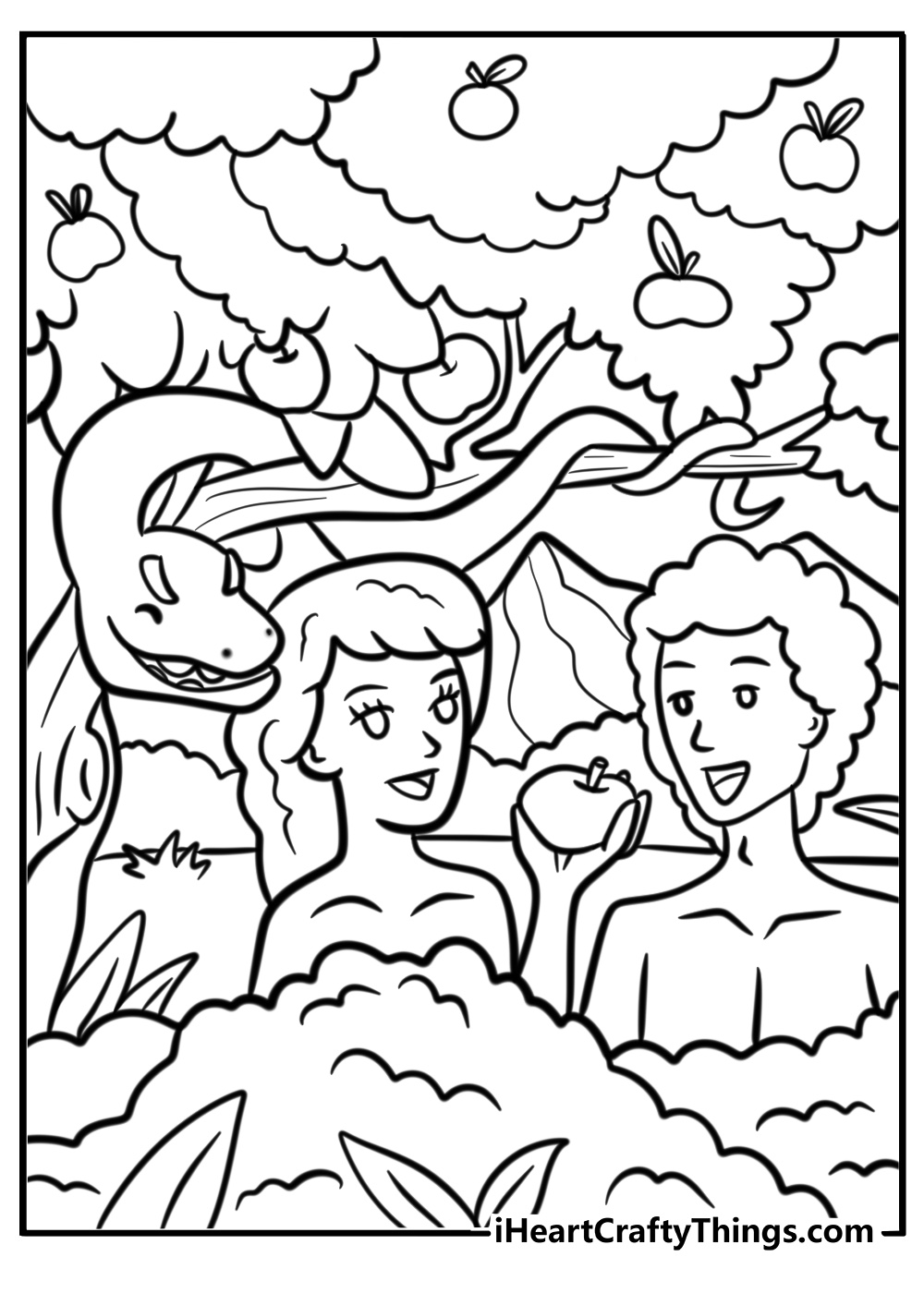 Adam and eve with the serpent printable coloring page