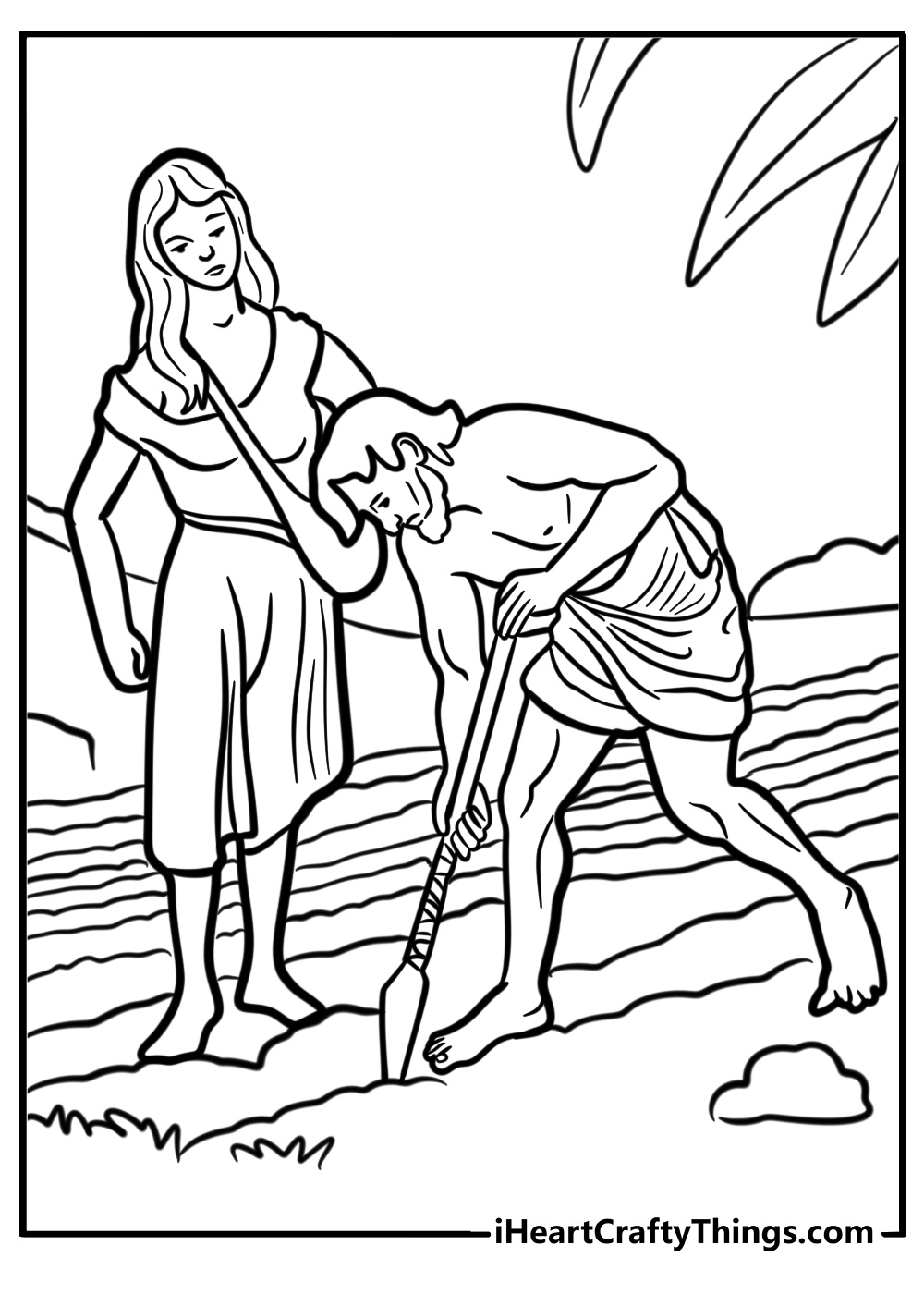 Adam and eve working the land after expulsion fun coloring sheet