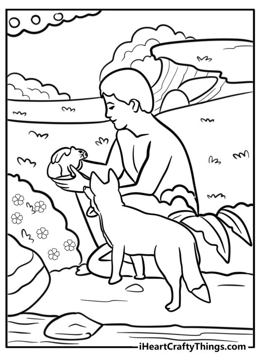 Adam naming the animals in the garden coloring page for kids