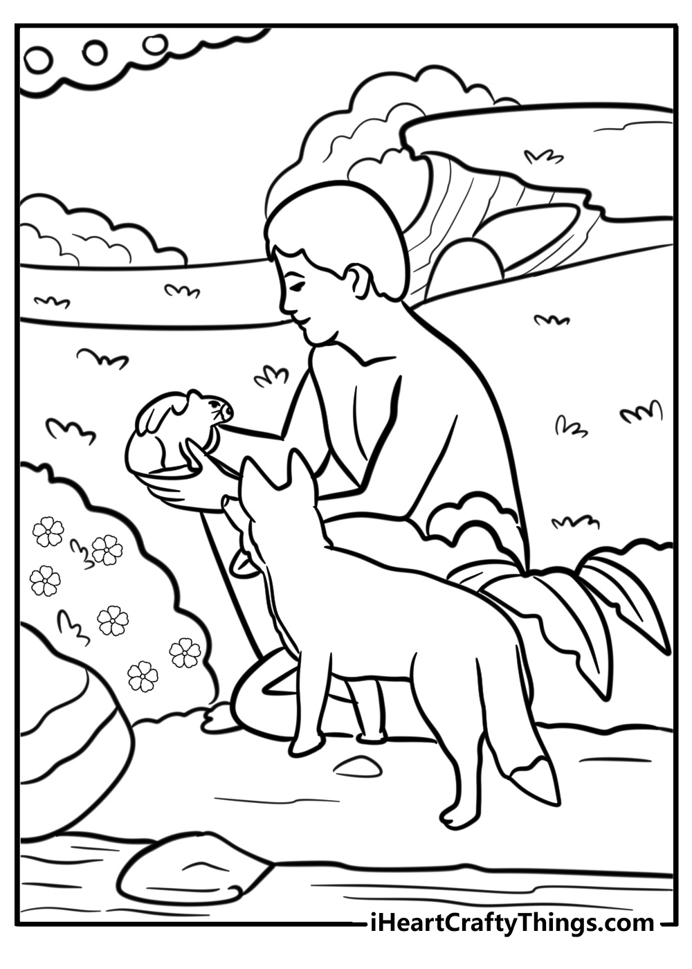 Adam naming the animals in the garden coloring page for kids