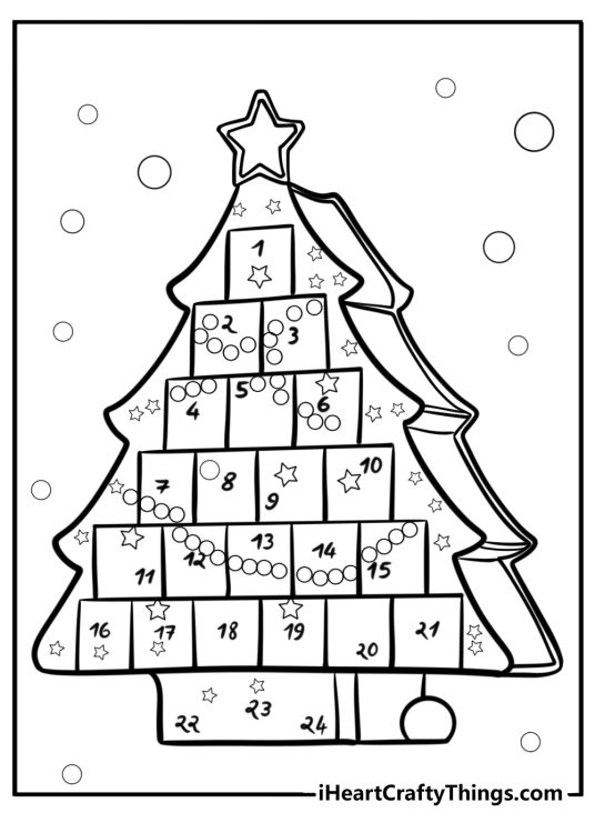 Detailed coloring picture presenting Advent Calendar in a shape of a Christmas tree